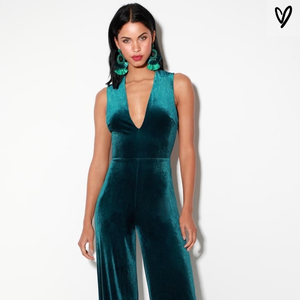 BEST OF LUXE DARK TEAL VELVET BACKLESS JUMPSUIT